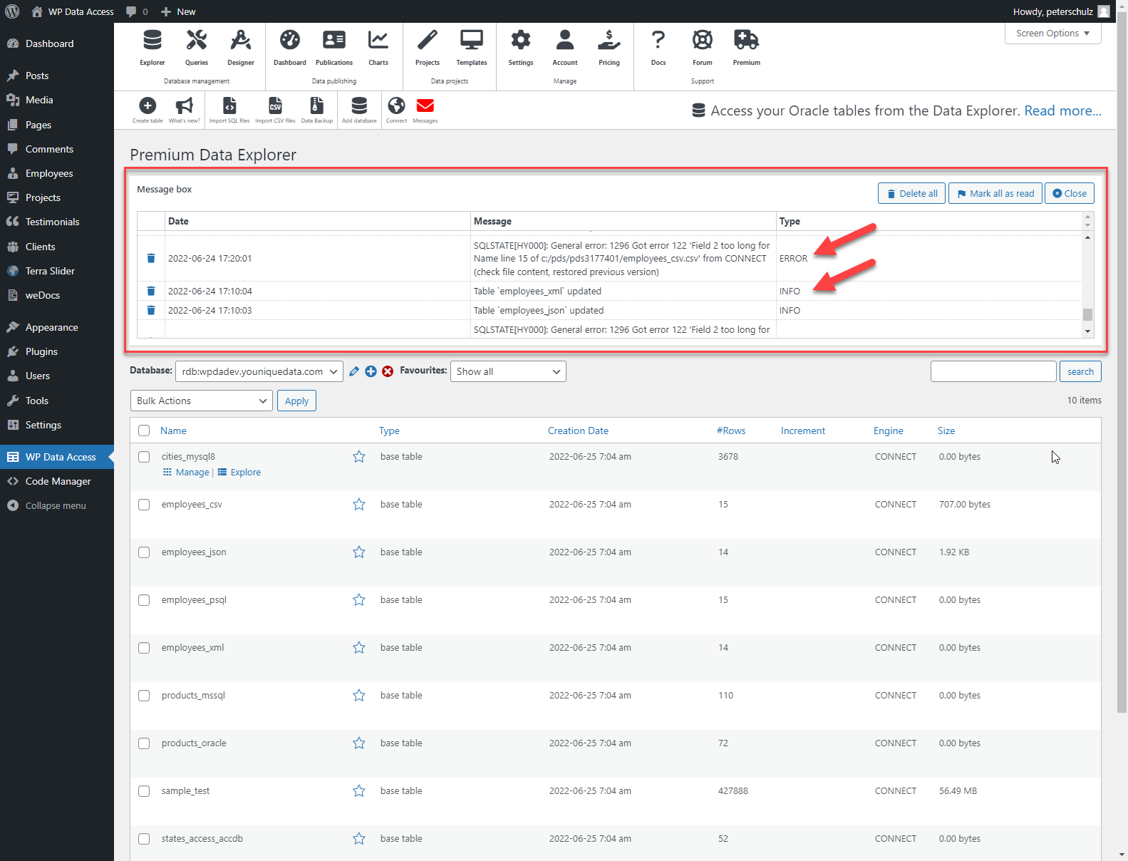 WP Data Access - Premium Connection Wizard Message Box