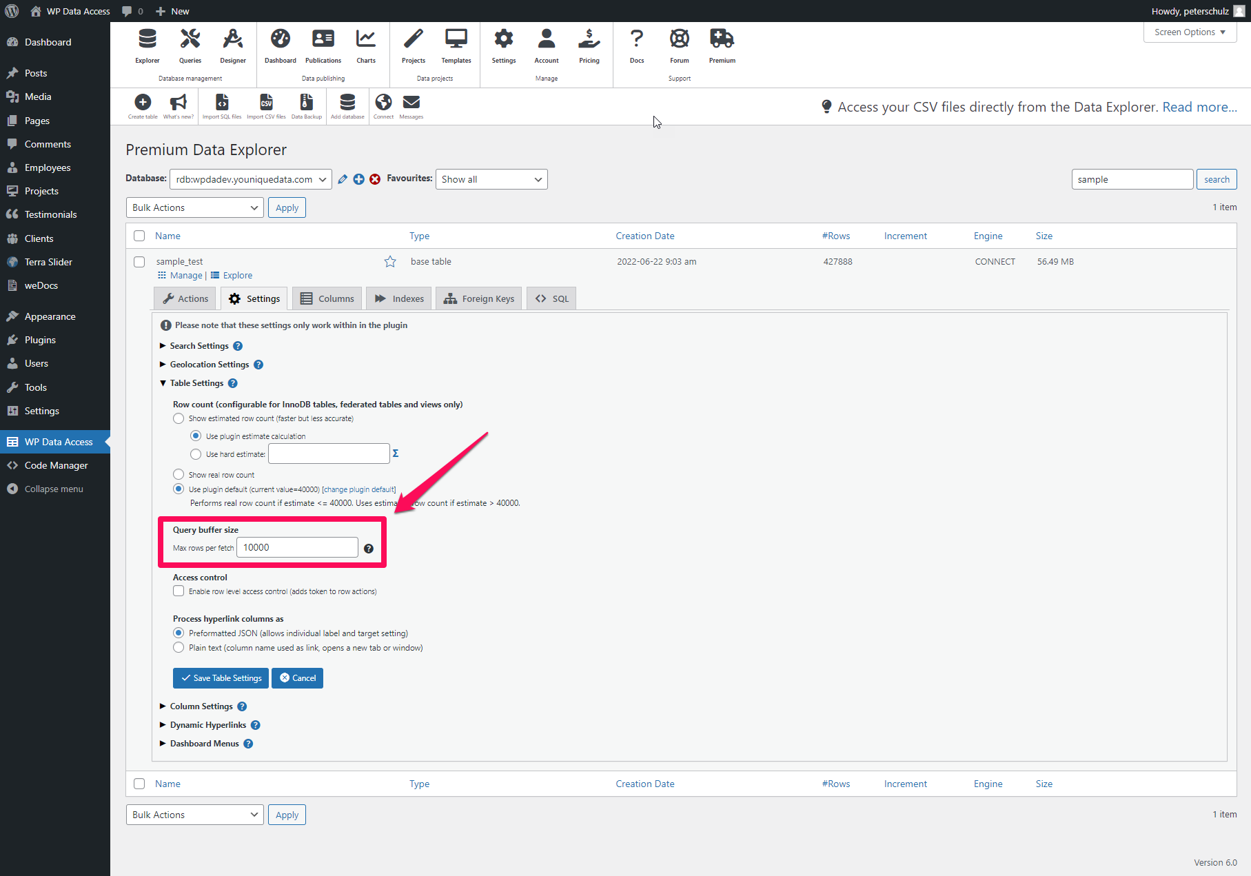 WP Data Access - Enable Query Buffer Size